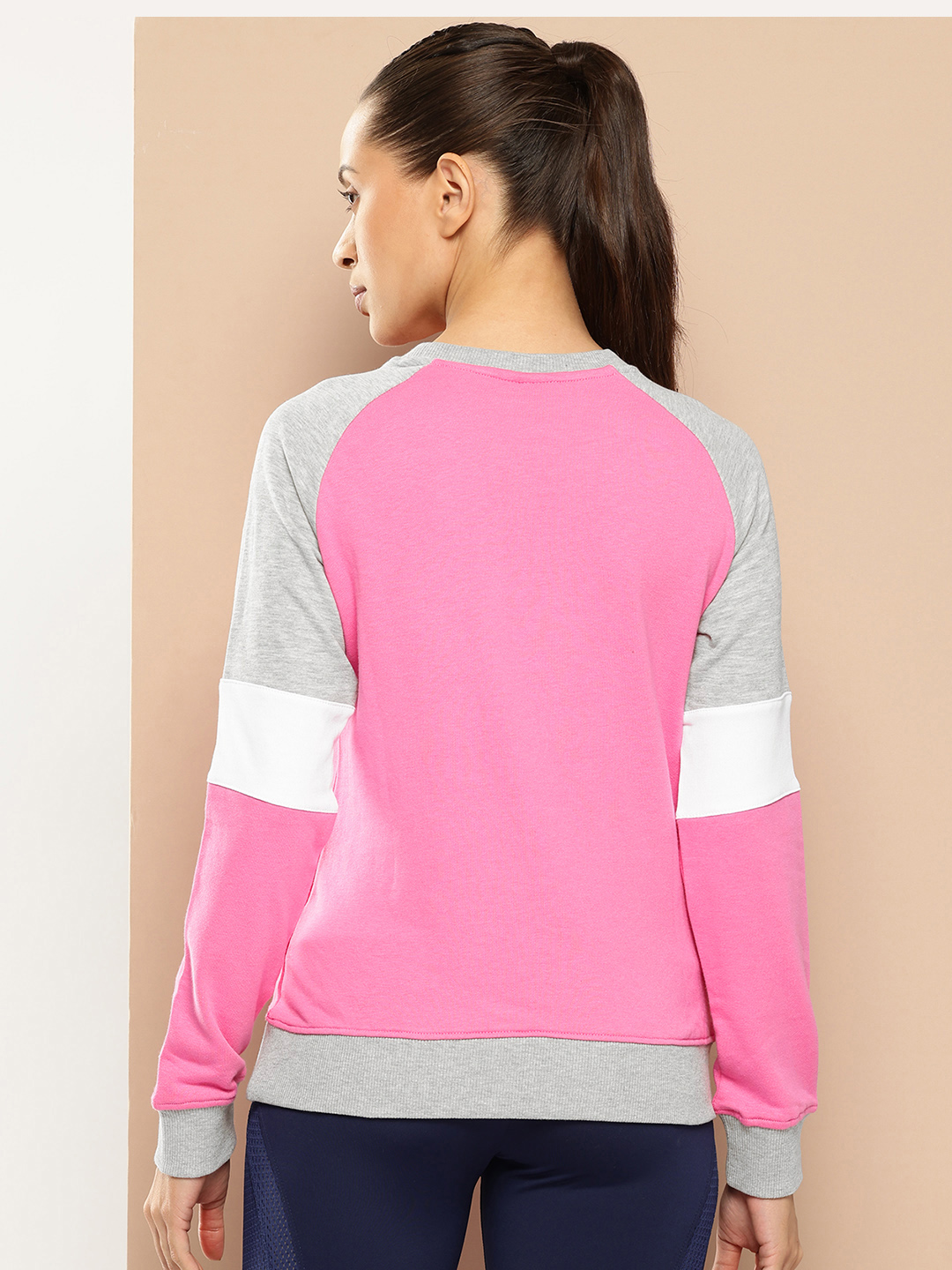 Alcis Women Pink & Grey Melange Colourblocked Cotton Sweatshirt with Side Applique Prints (3)