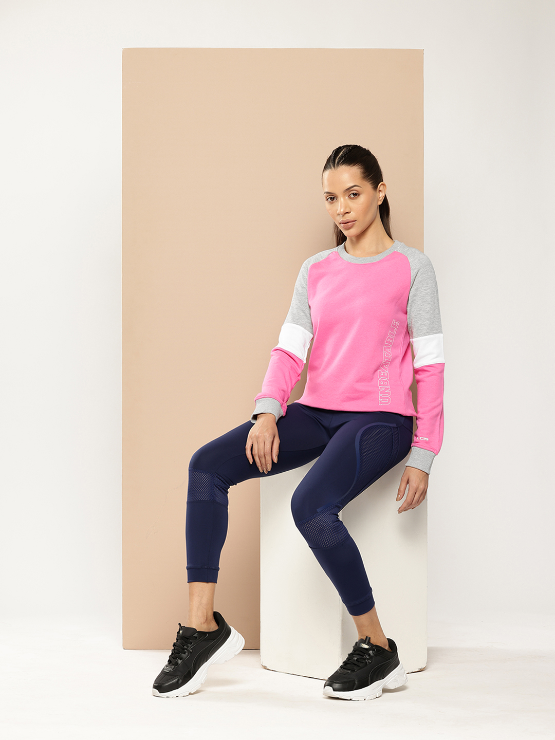 Alcis Women Pink & Grey Melange Colourblocked Cotton Sweatshirt with Side Applique Prints (4)