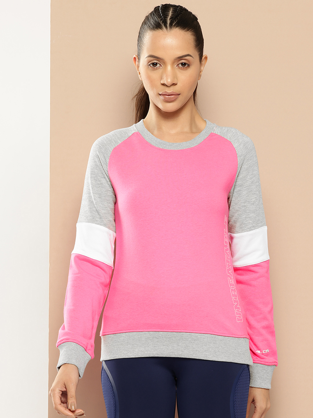 Women Pink & Grey Melange Colourblocked Cotton Sweatshirt with Side Applique Prints