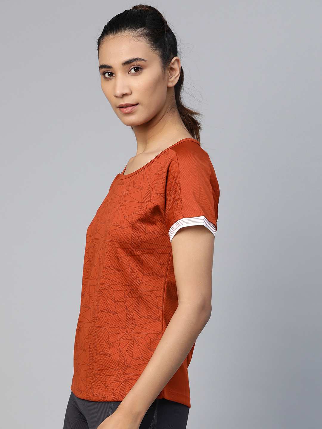 Alcis Women Rust Orange & Maroon Printed Round Neck Tennis T-shirt (3)