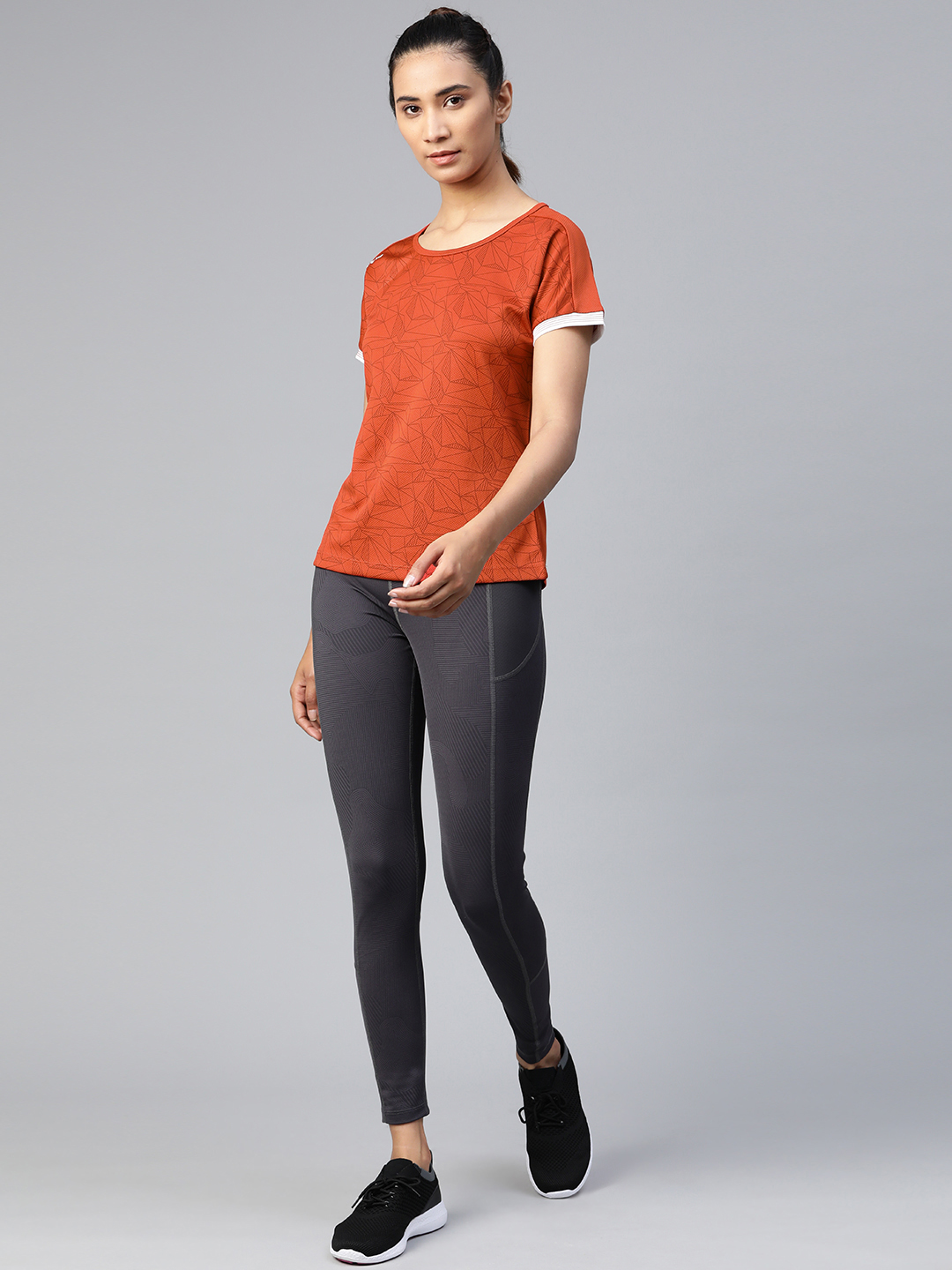 Alcis Women Rust Orange & Maroon Printed Round Neck Tennis T-shirt (4)