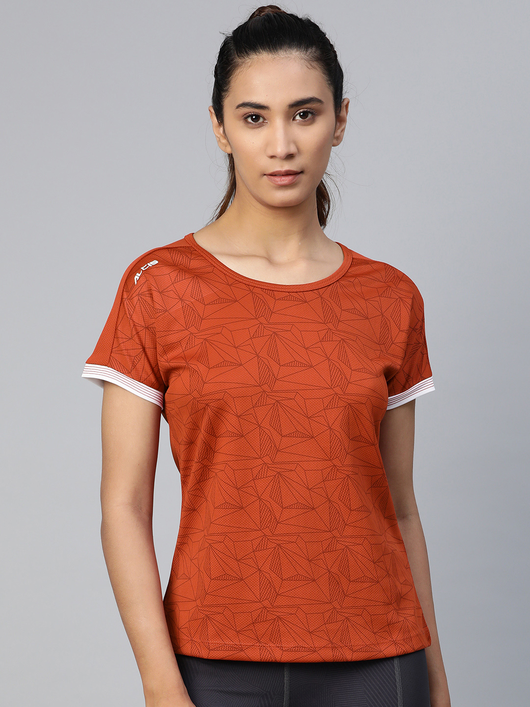 Women Rust Orange & Maroon Printed Round Neck Tennis T-shirt