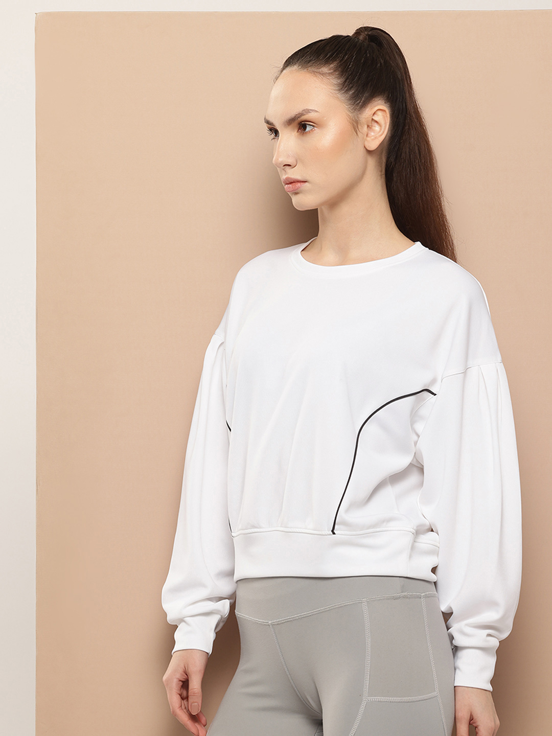 Alcis Women Solid Drop Shoulder Pleated Sleeves Sweatshirt (2)