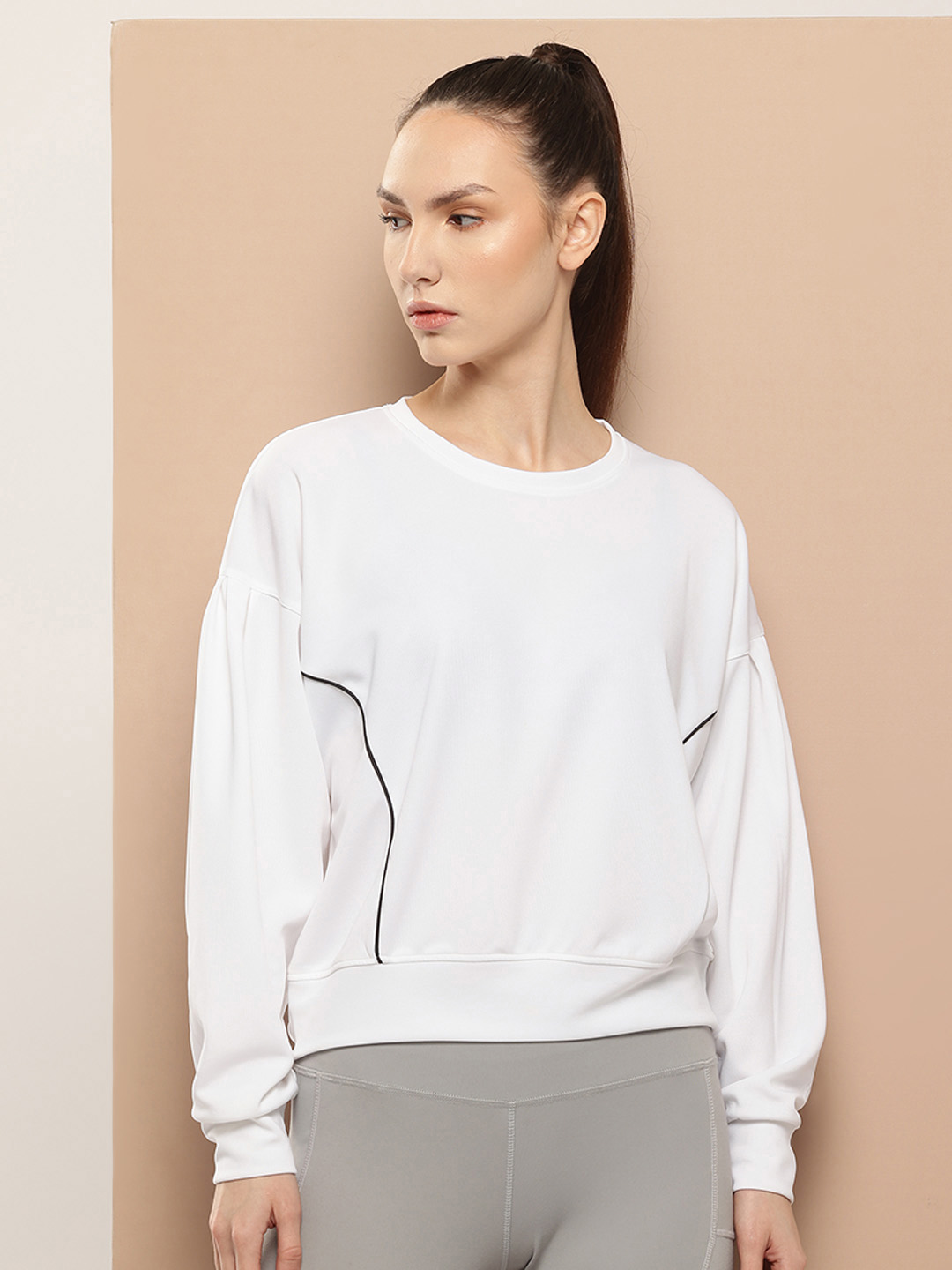 Women Solid Drop Shoulder Pleated Sleeves Sweatshirt