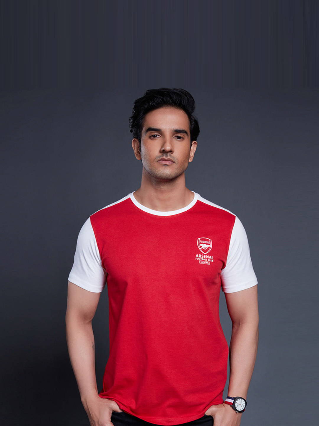 Arsenal F.C. Arsenal FC Men Contrast Sleeve Red Round Neck T-Shirt (1)