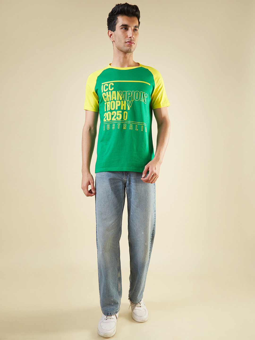 Australia ICC Champions Trophy 2025 Men Green and Yellow Printed Colorblocked Half Sleeves Round Neck Cotton T-Shirt (4)