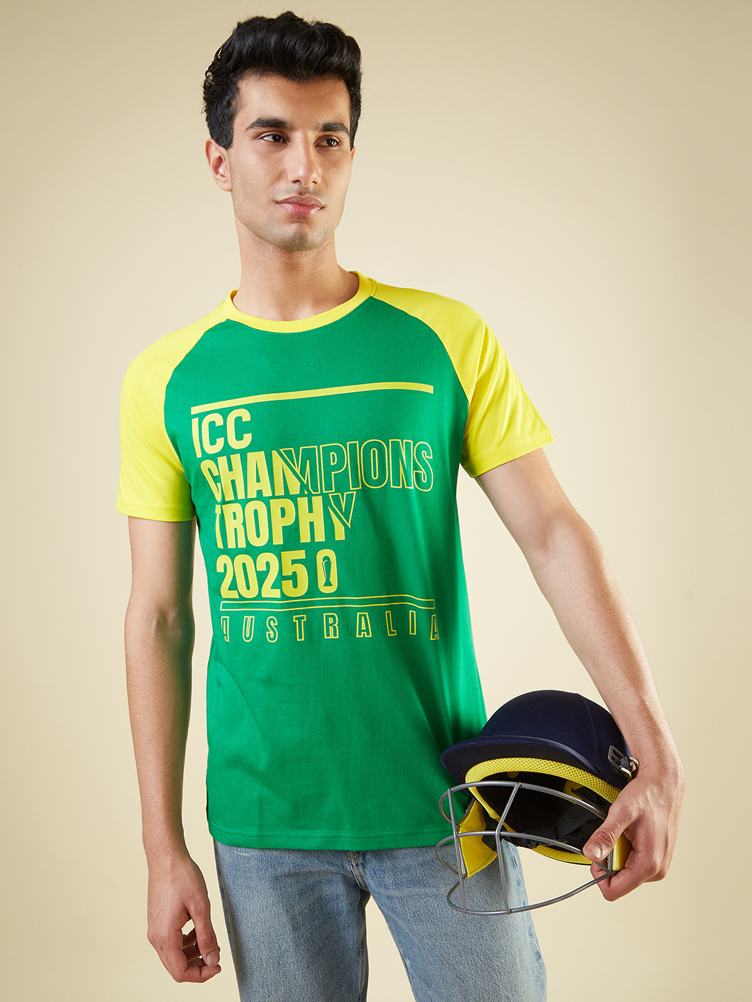 Australia ICC Champions Trophy 2025 Men Green and Yellow Printed Colorblocked Half Sleeves Round Neck Cotton T-Shirt