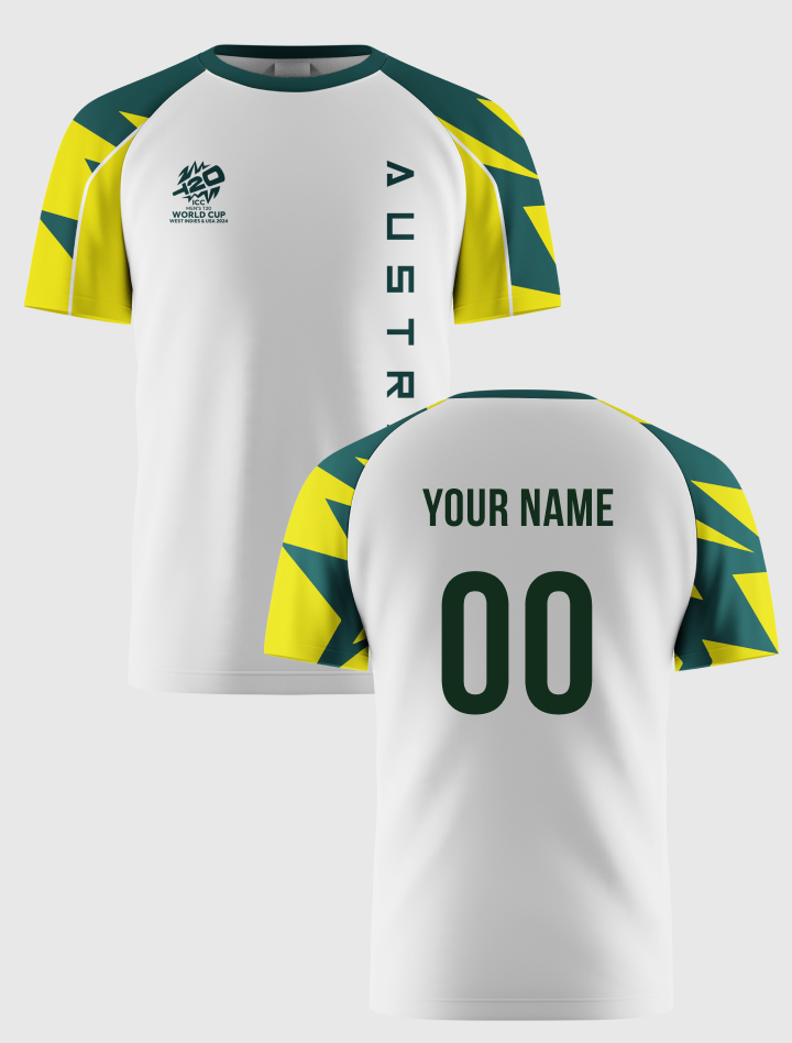Australia ICC Men's T20 WC-24 White Graphic Printed Half Sleeves Round Neck Polyester T-Shirt - Customised (2)