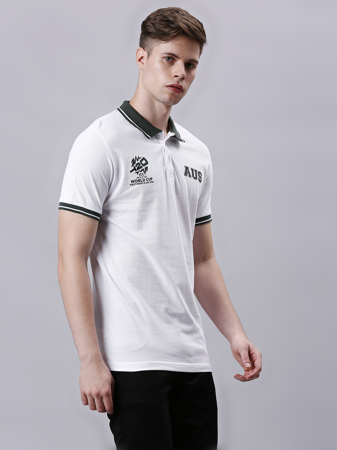 Australia ICC Men's T20 WC-24 White Logo Printed Half Sleeves Polo Collar Cotton T-Shirt (3)