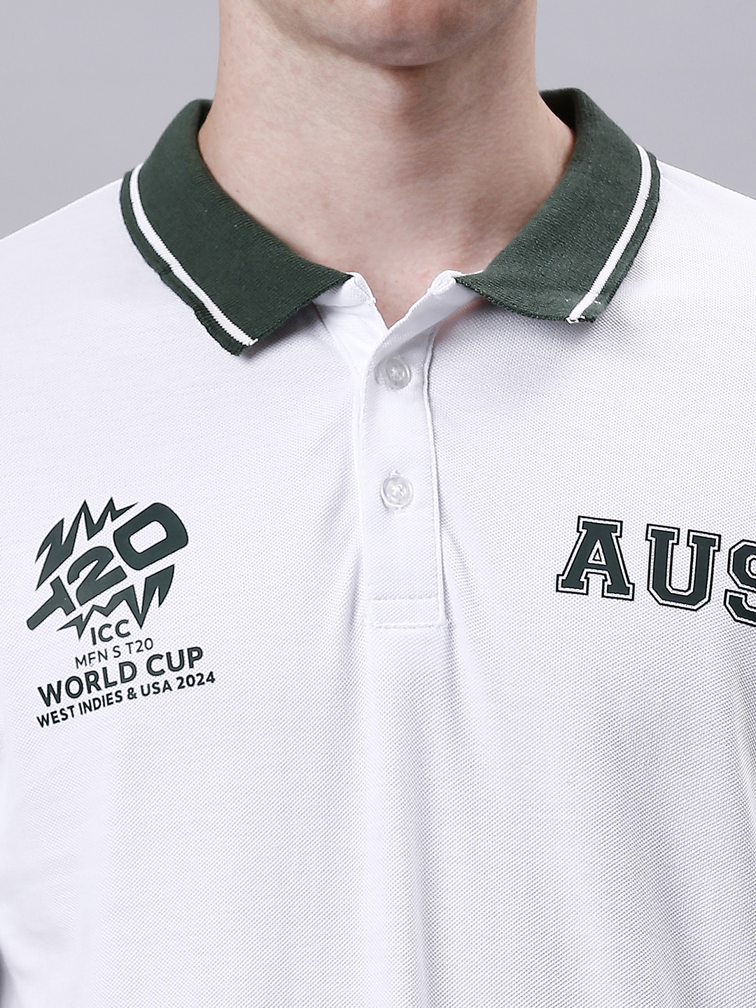 Australia ICC Men's T20 WC-24 White Logo Printed Half Sleeves Polo Collar Cotton T-Shirt (5)
