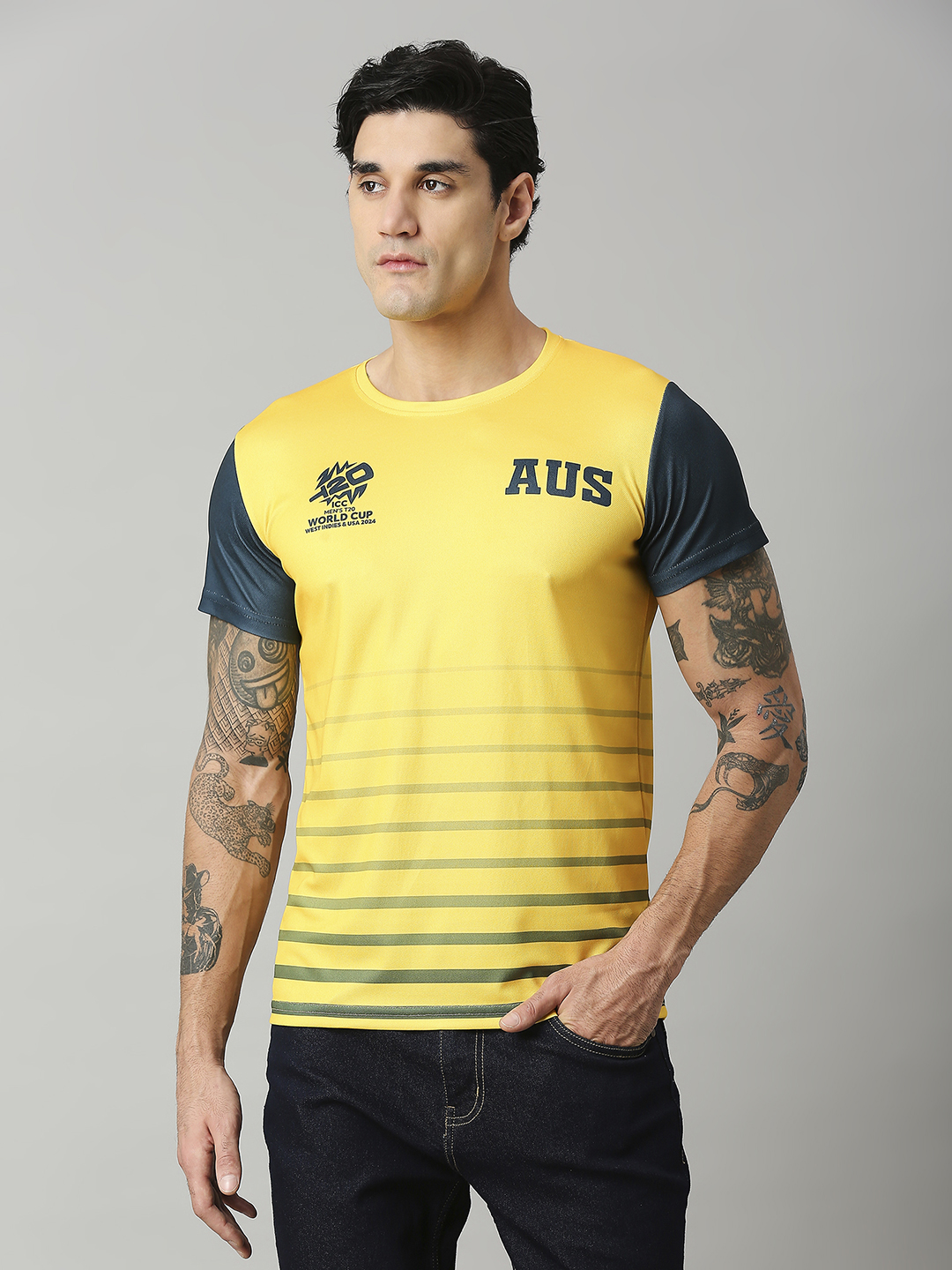 Australia ICC Men's T20 WC-24 Yellow and Green Colourblocked Half Sleeves Round Neck Polyester T-Shirt (1)