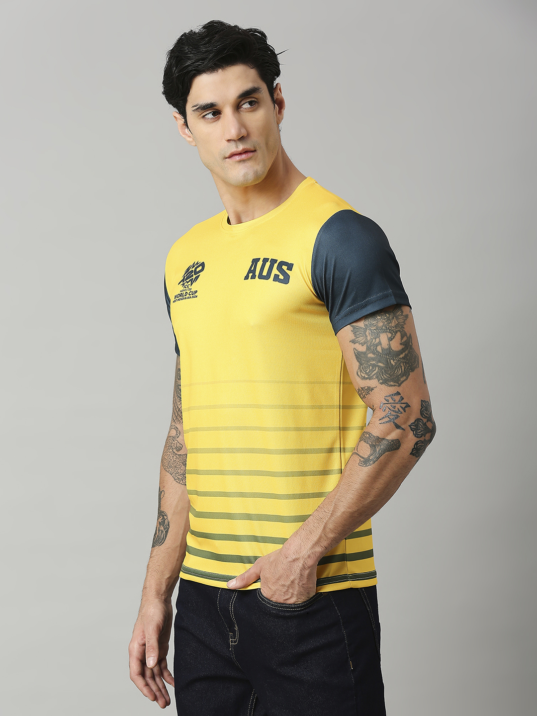 Australia ICC Men's T20 WC-24 Yellow and Green Colourblocked Half Sleeves Round Neck Polyester T-Shirt (2)