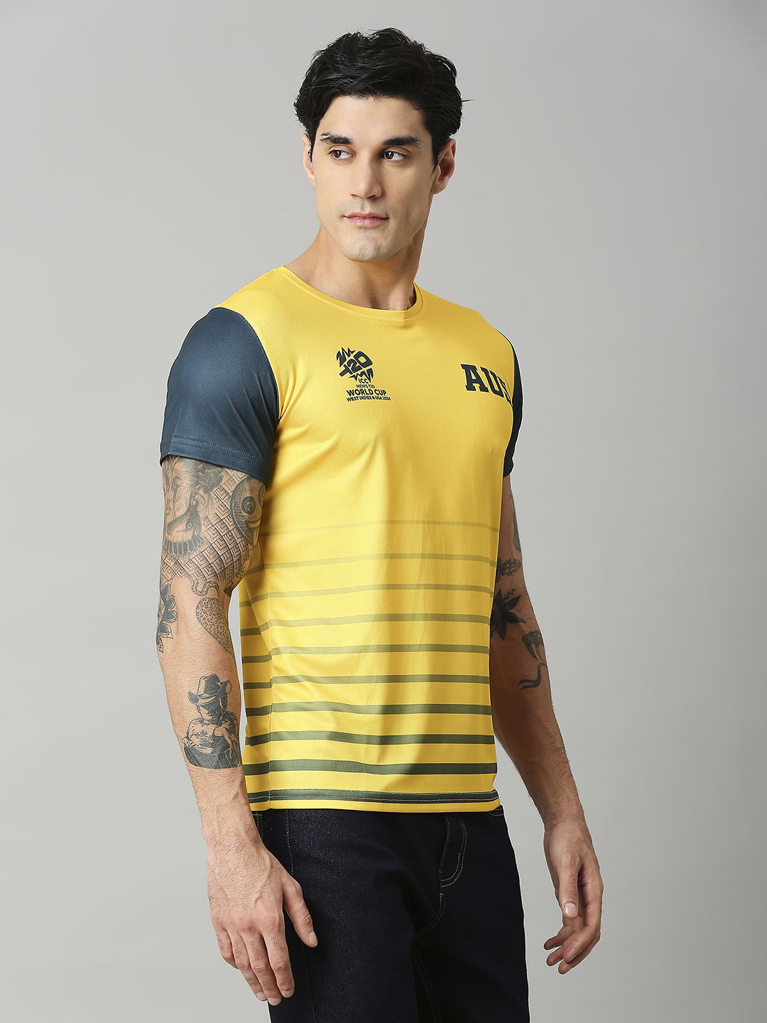Australia ICC Men's T20 WC-24 Yellow and Green Colourblocked Half Sleeves Round Neck Polyester T-Shirt (3)