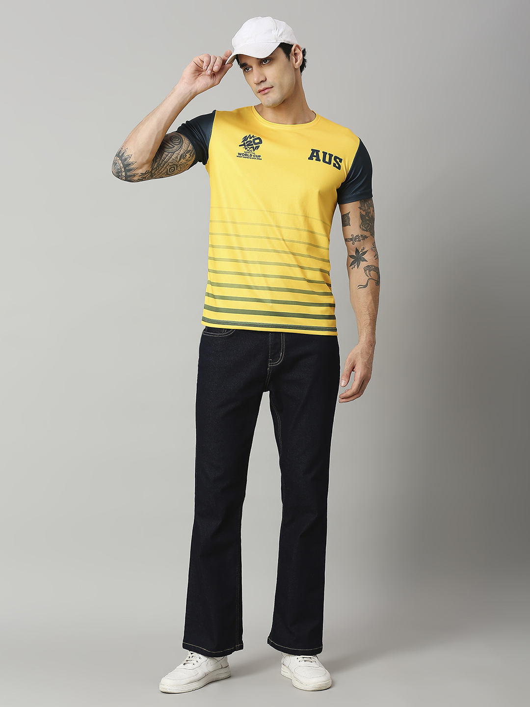 Australia ICC Men's T20 WC-24 Yellow and Green Colourblocked Half Sleeves Round Neck Polyester T-Shirt (5)