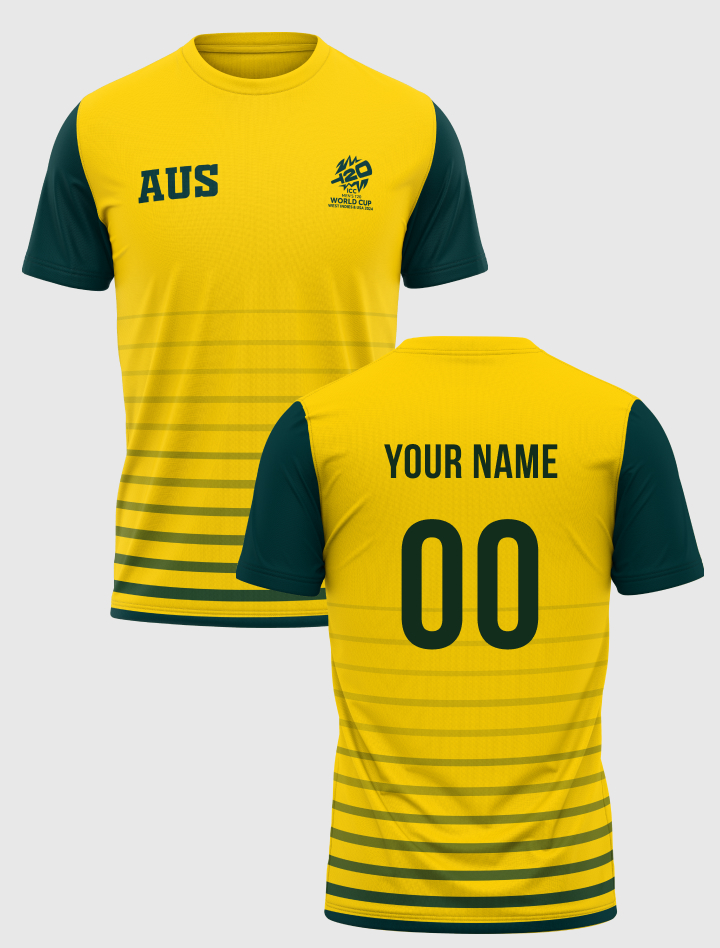 Australia ICC Men's T20 WC-24 Yellow and Green Colourblocked Half Sleeves Round Neck Polyester T-Shirt - Customised (2)