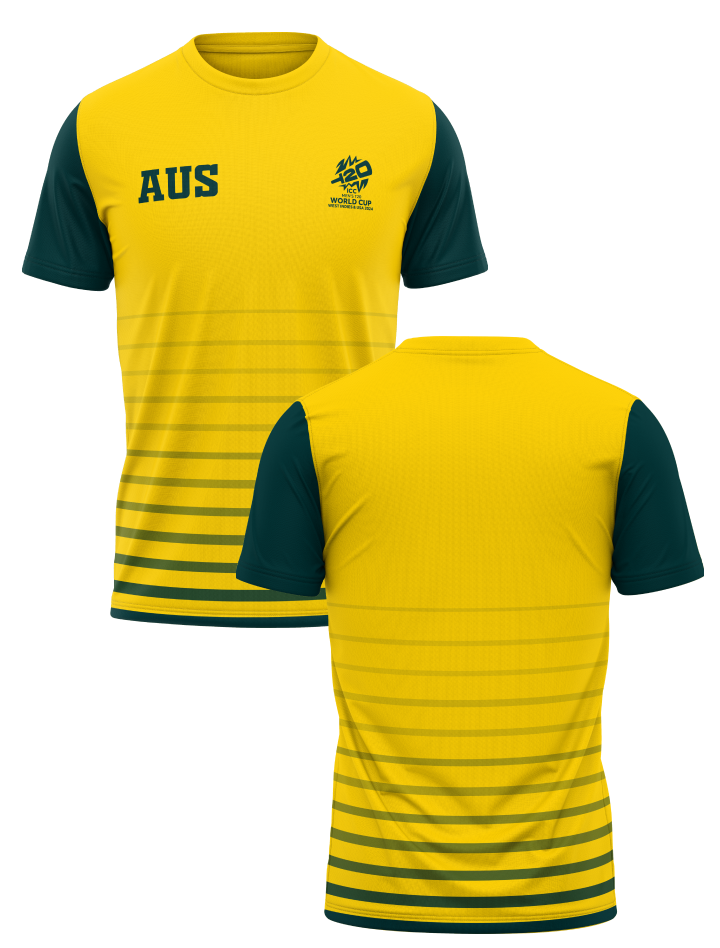 Australia ICC Men's T20 WC-24 Yellow and Green Colourblocked Half Sleeves Round Neck Polyester T-Shirt - Customised (3)