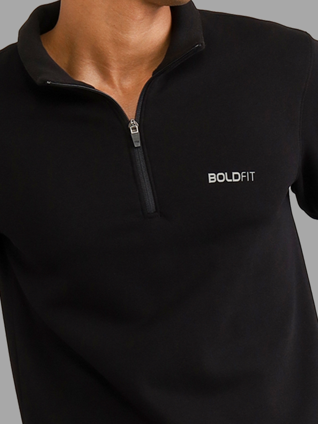 Boldfit Men Black Solid Highneck Long Sleeve Zipper Cotton Sweatshirt (5)