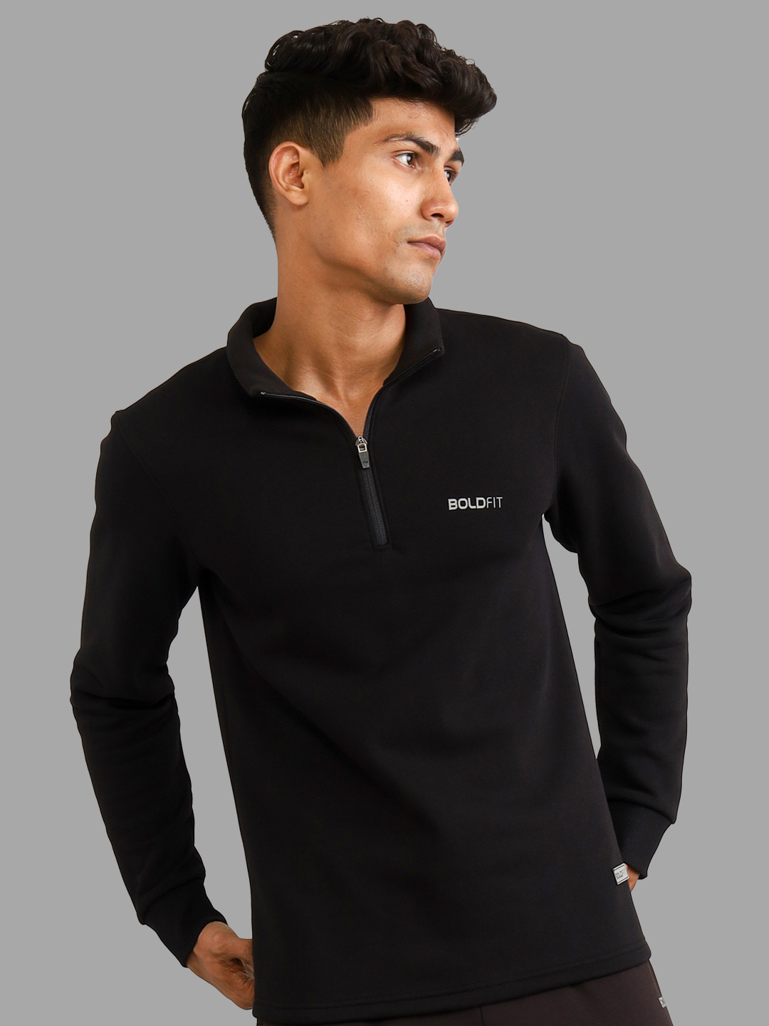 Boldfit Men Black Solid Highneck Long Sleeve Zipper Cotton Sweatshirt