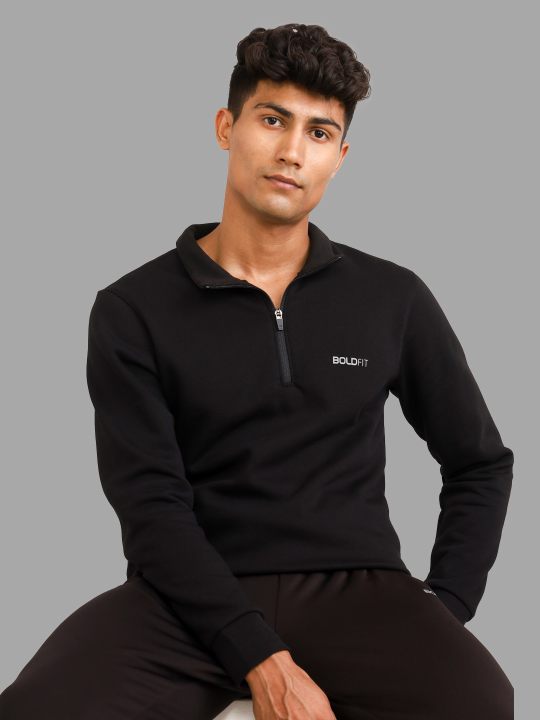 Boldfit Men Black Solid Highneck Long Sleeve Zipper Cotton Sweatshirt (2)