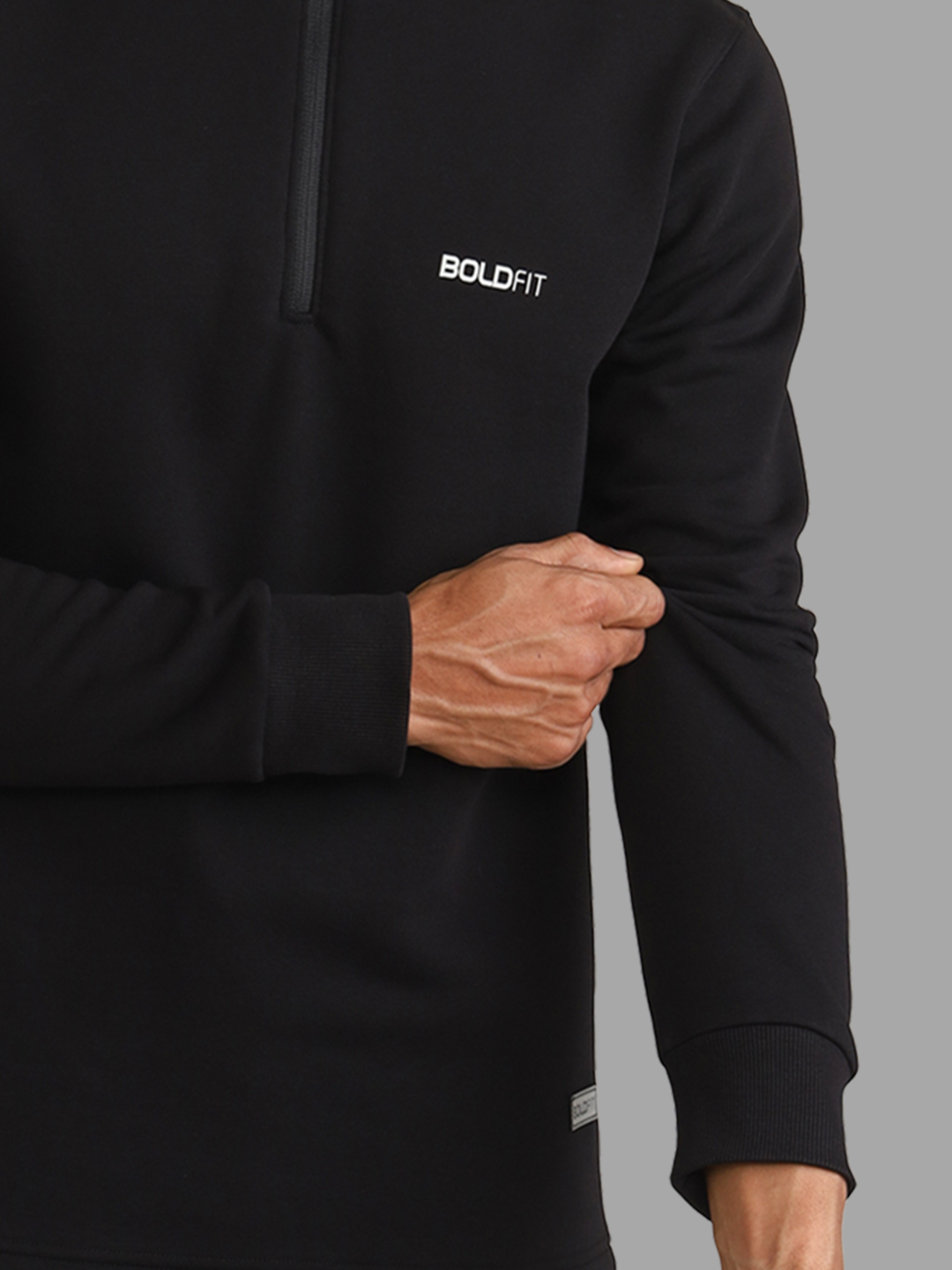 Boldfit Men Black Solid Highneck Long Sleeve Zipper Cotton Sweatshirt (4)
