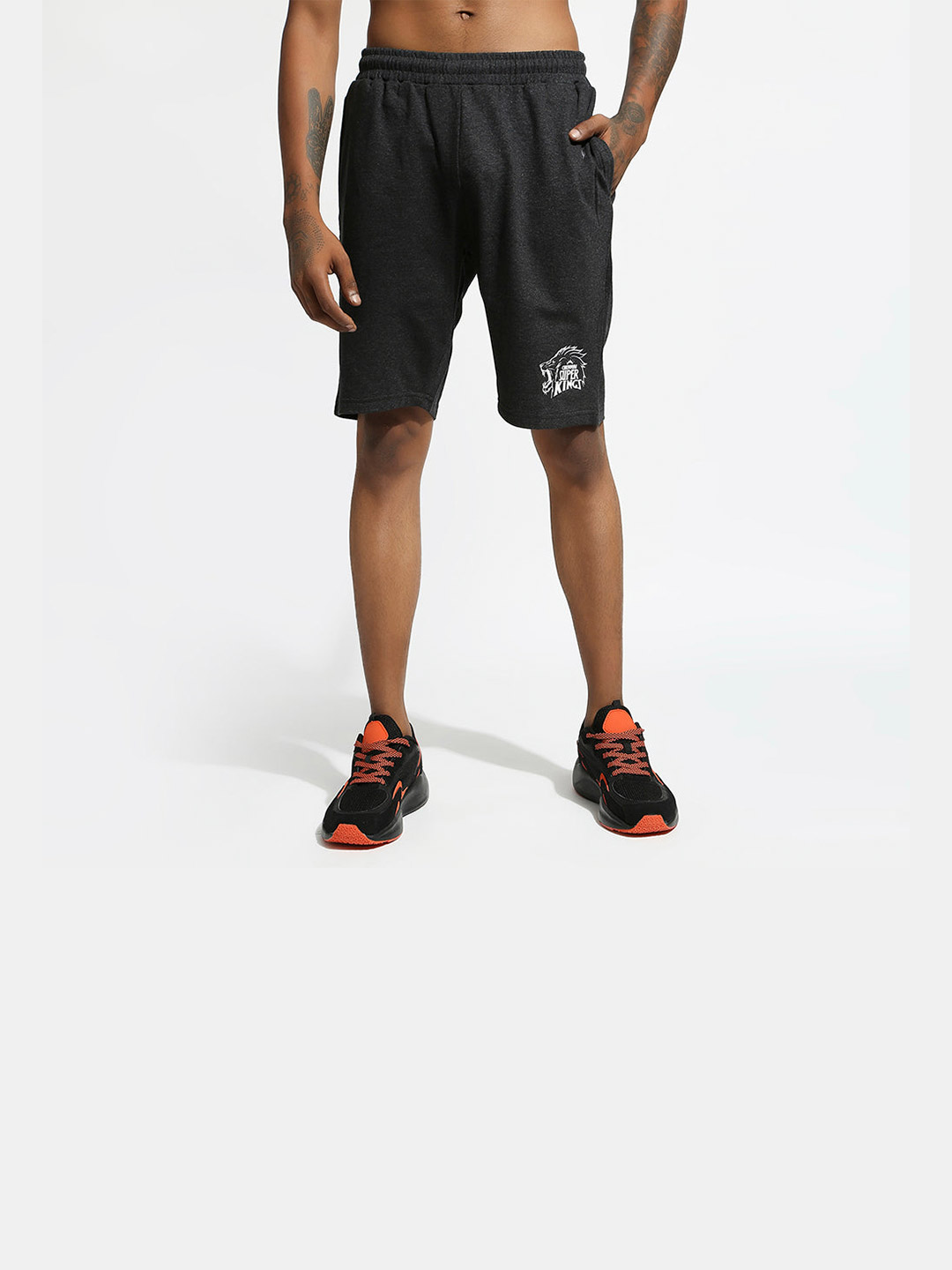 Chennai Super Kings Men Black Logo Printed Mid-Rise Cotton Sports Shorts (1)