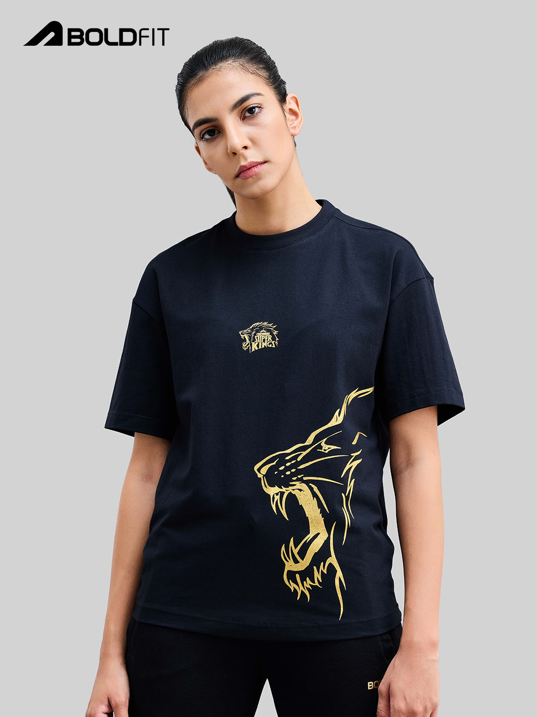 Chennai Super Kings Women Black Printed Half Sleeves Round Neck Oversized T-Shirt by Boldfit