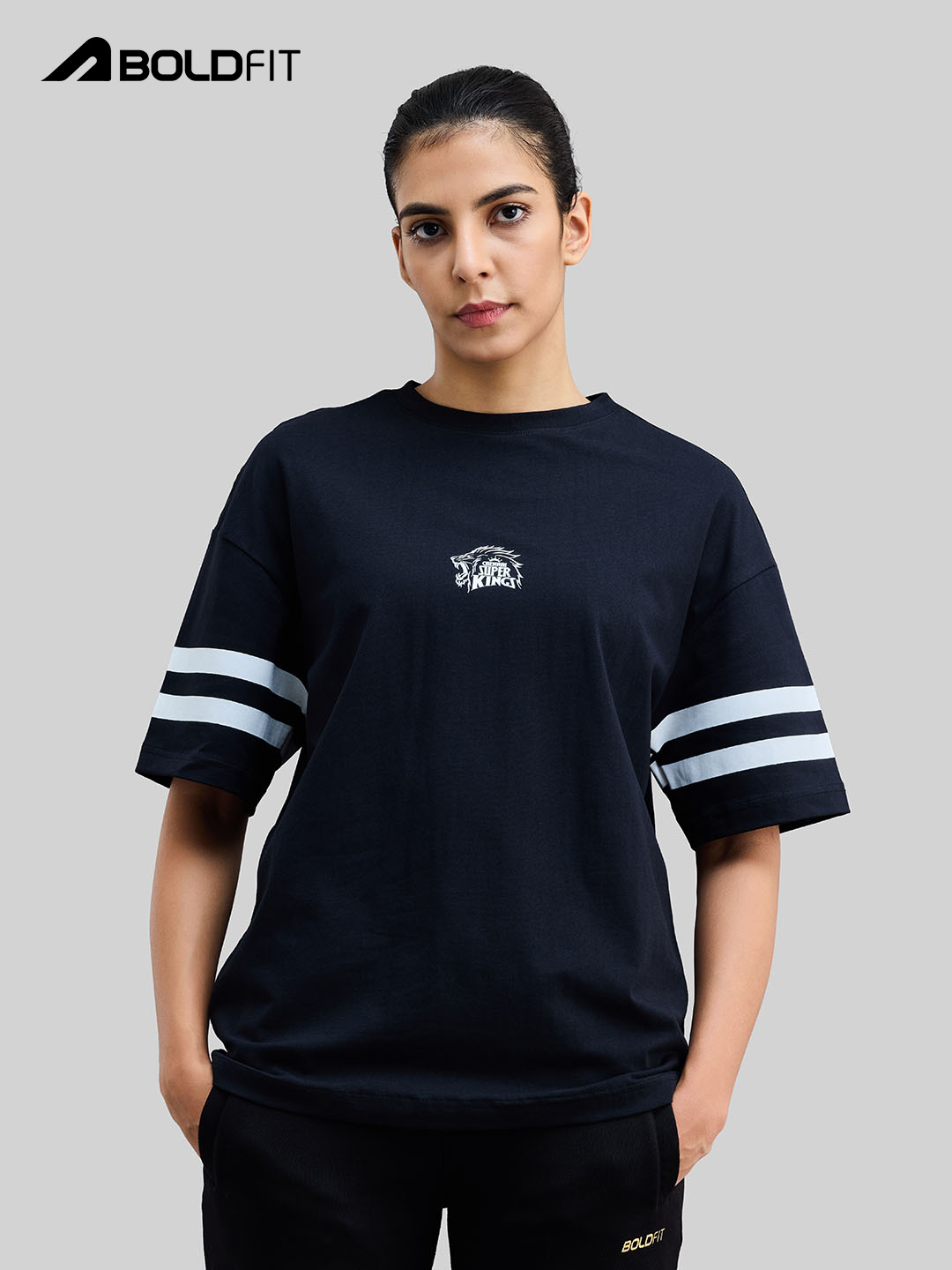 Women Black Printed Half Sleeves Round Neck Thala Oversized T-Shirt by Boldfit