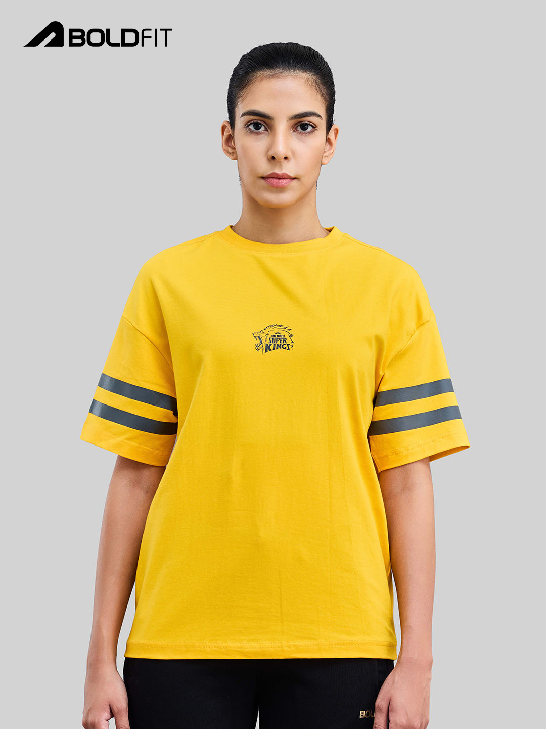 Chennai Super Kings Women Yellow Printed Half Sleeves Round Neck Thala Oversized T-Shirt by Boldfit