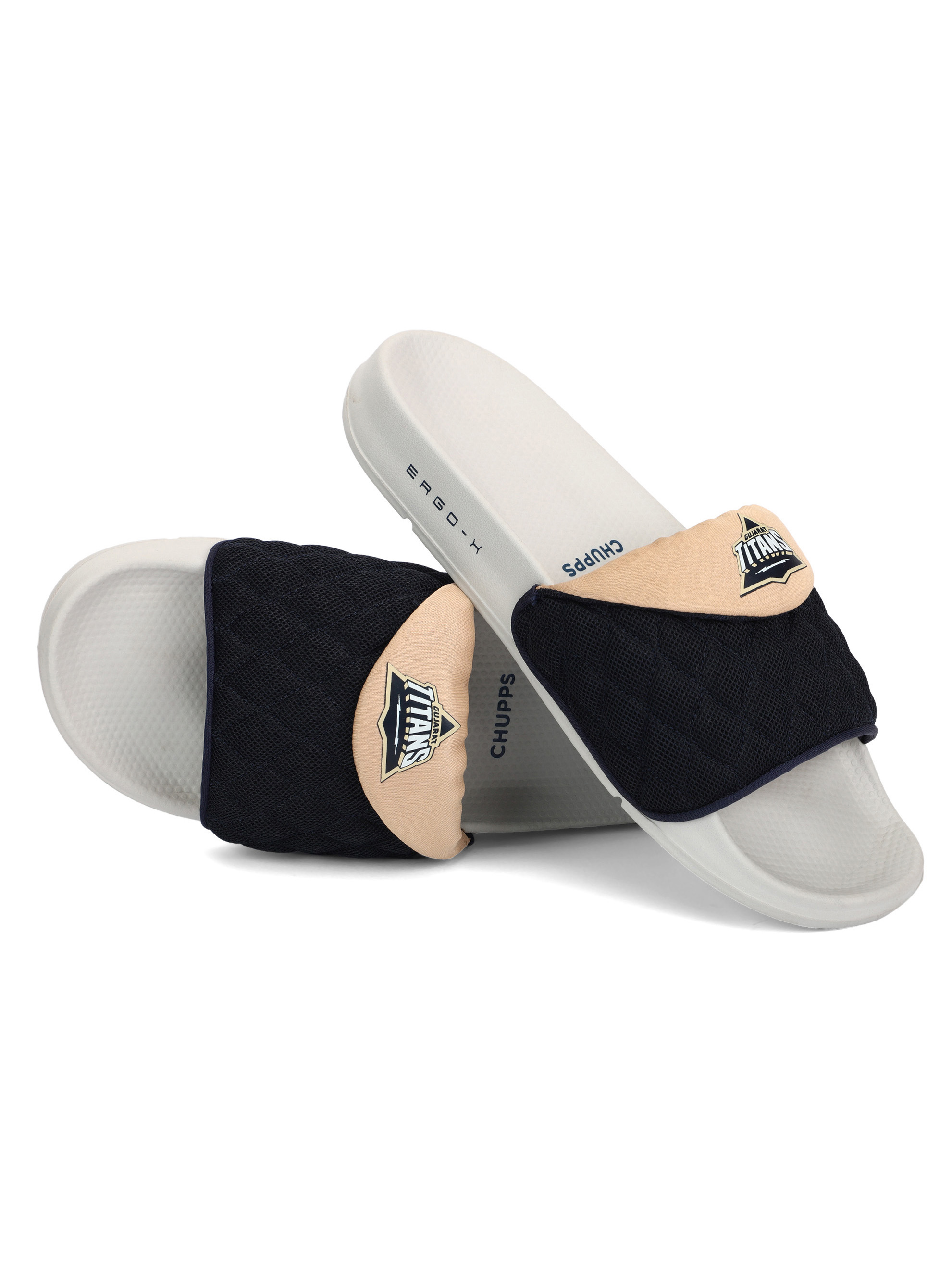 Chupps Men Navy Blue and Beige Printed AirSoft Sole ErgoX Plus Casual Sliders (5)