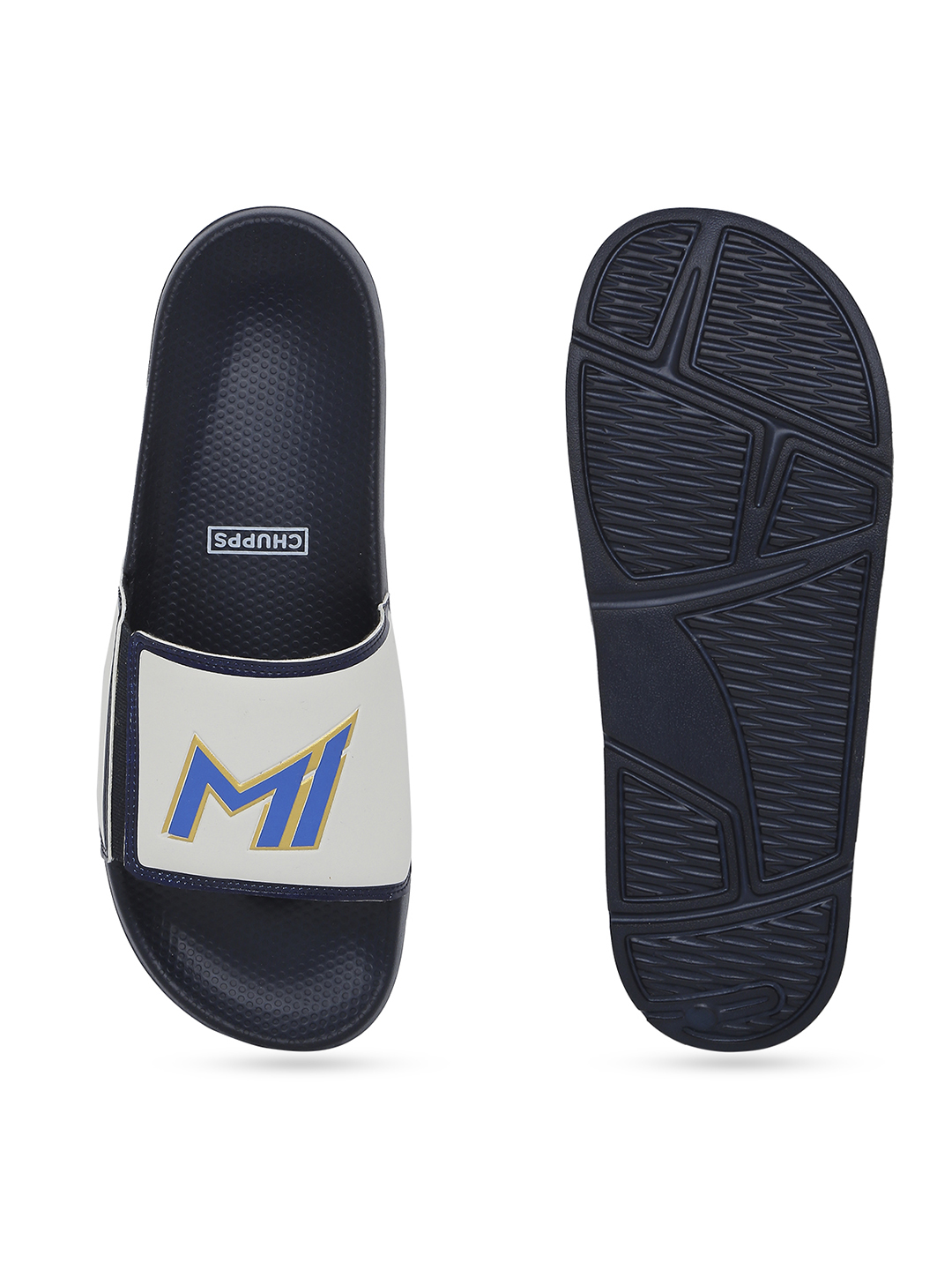 Chupps Men's Official Mumbai Indians Navy & White MI Printed ERGOX footbed Dri-Fit Sliders (6)