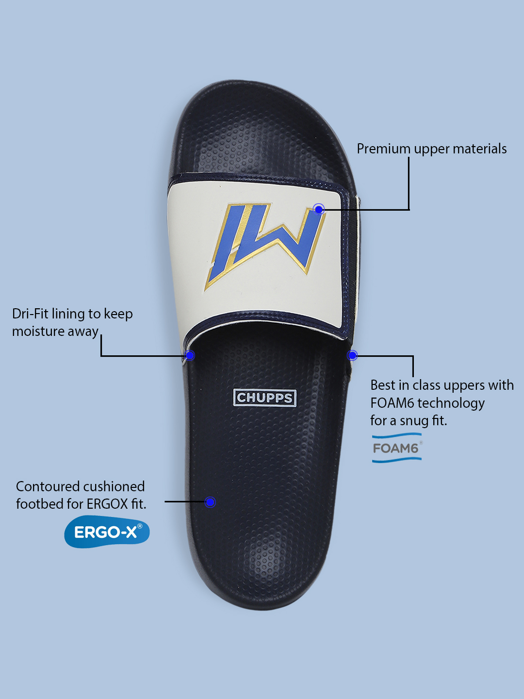 Chupps Men's Official Mumbai Indians Navy & White MI Printed ERGOX footbed Dri-Fit Sliders (7)