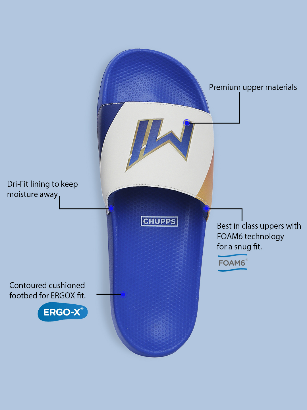 Chupps Men's Official Mumbai Indians Royal & Orange MI Printed ERGOX footbed Dri-Fit Sliders (7)