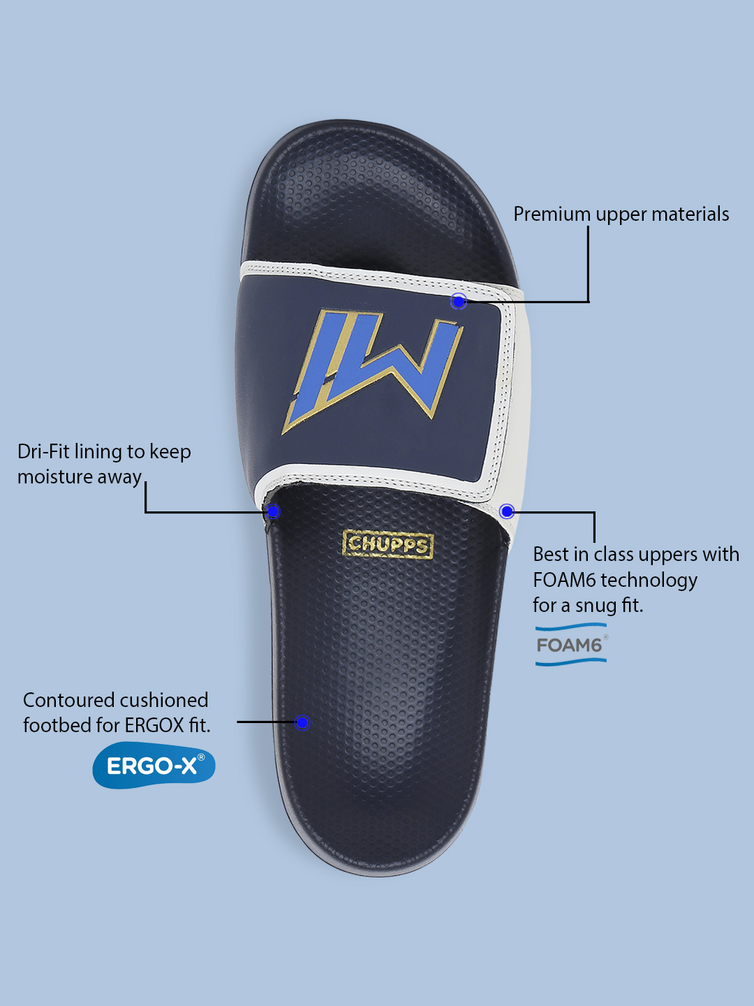 Chupps Men's Official Mumbai Indians Velcro MI Printed ERGOX footbed Dri-Fit Sliders (7)