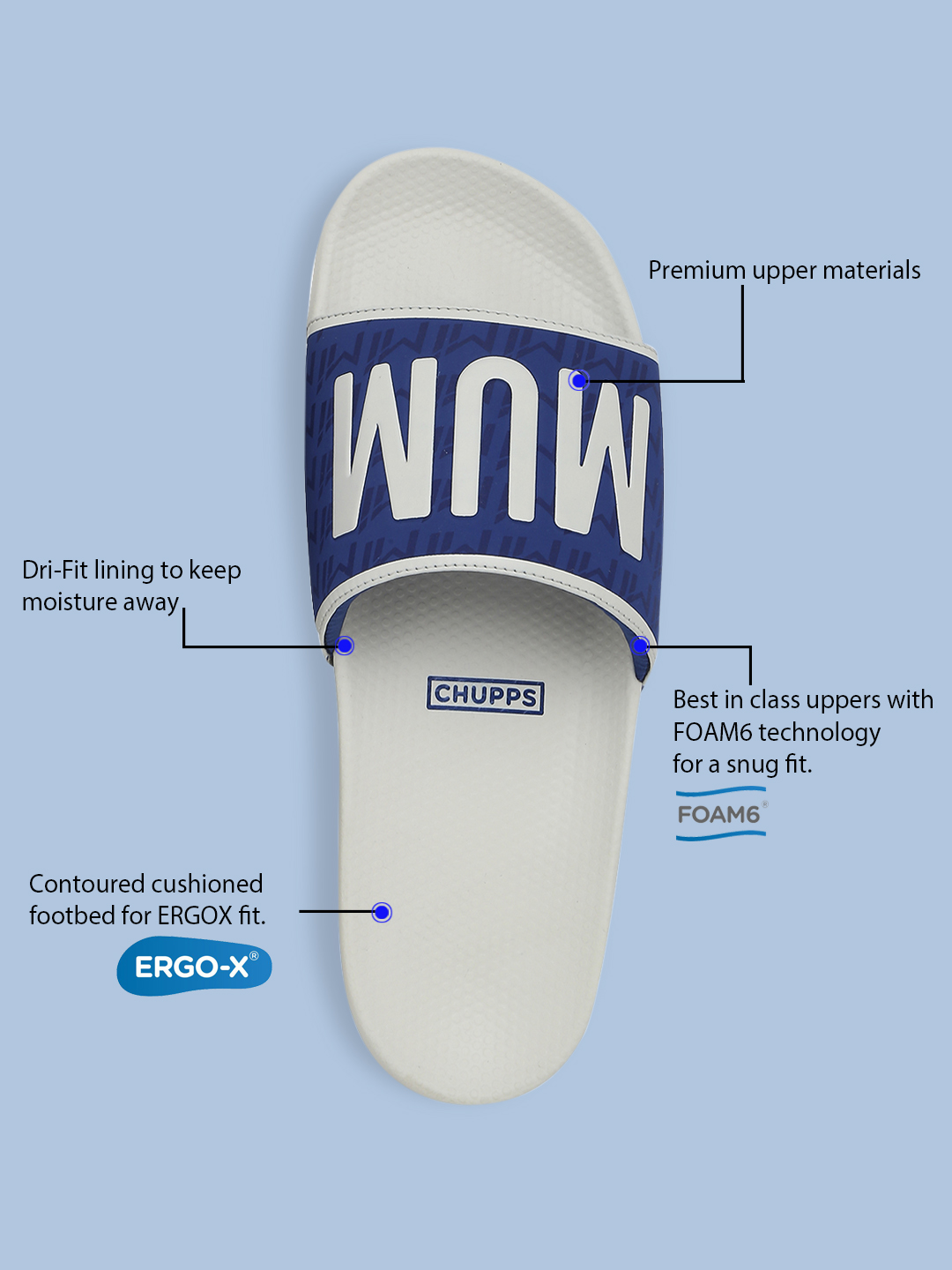 Chupps Men's Official Mumbai Indians White & Blue MI Printed ERGOX footbed Dri-Fit Sliders (7)