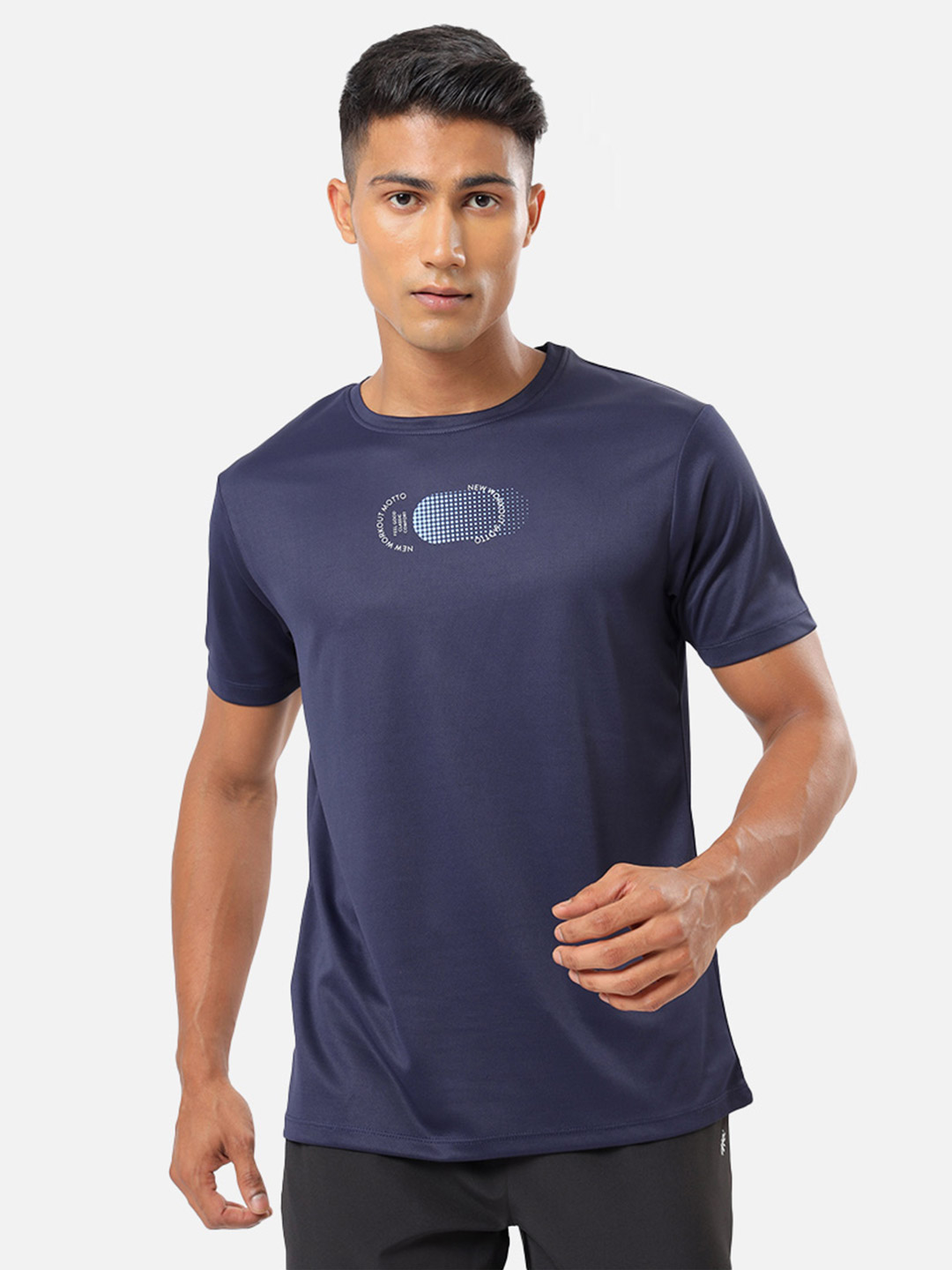 Men Navy Blue Performance Tshirt with Minimal Graphic