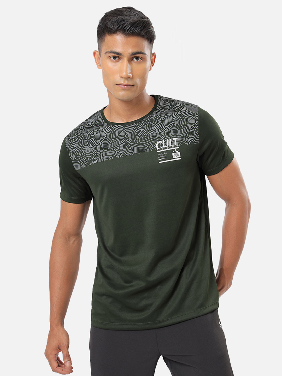 Cultsport One Men Olive Active Tshirt with Placement Graphic (1)
