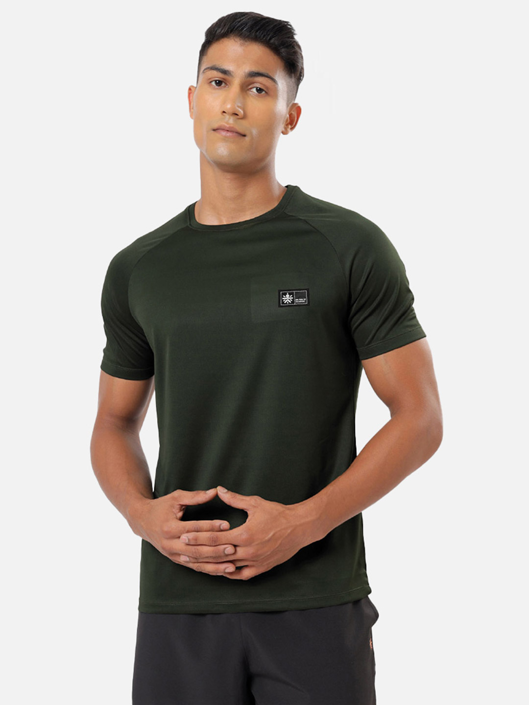 Men Olive Solid Raglan Tshirt with Logo