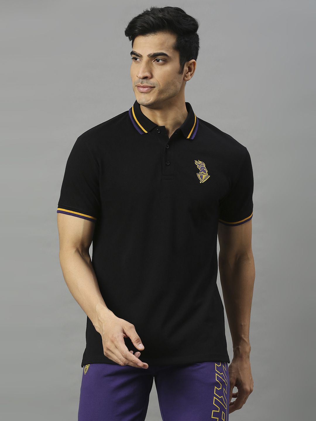 Men Black Printed Cotton Polo Collar T-Shirts