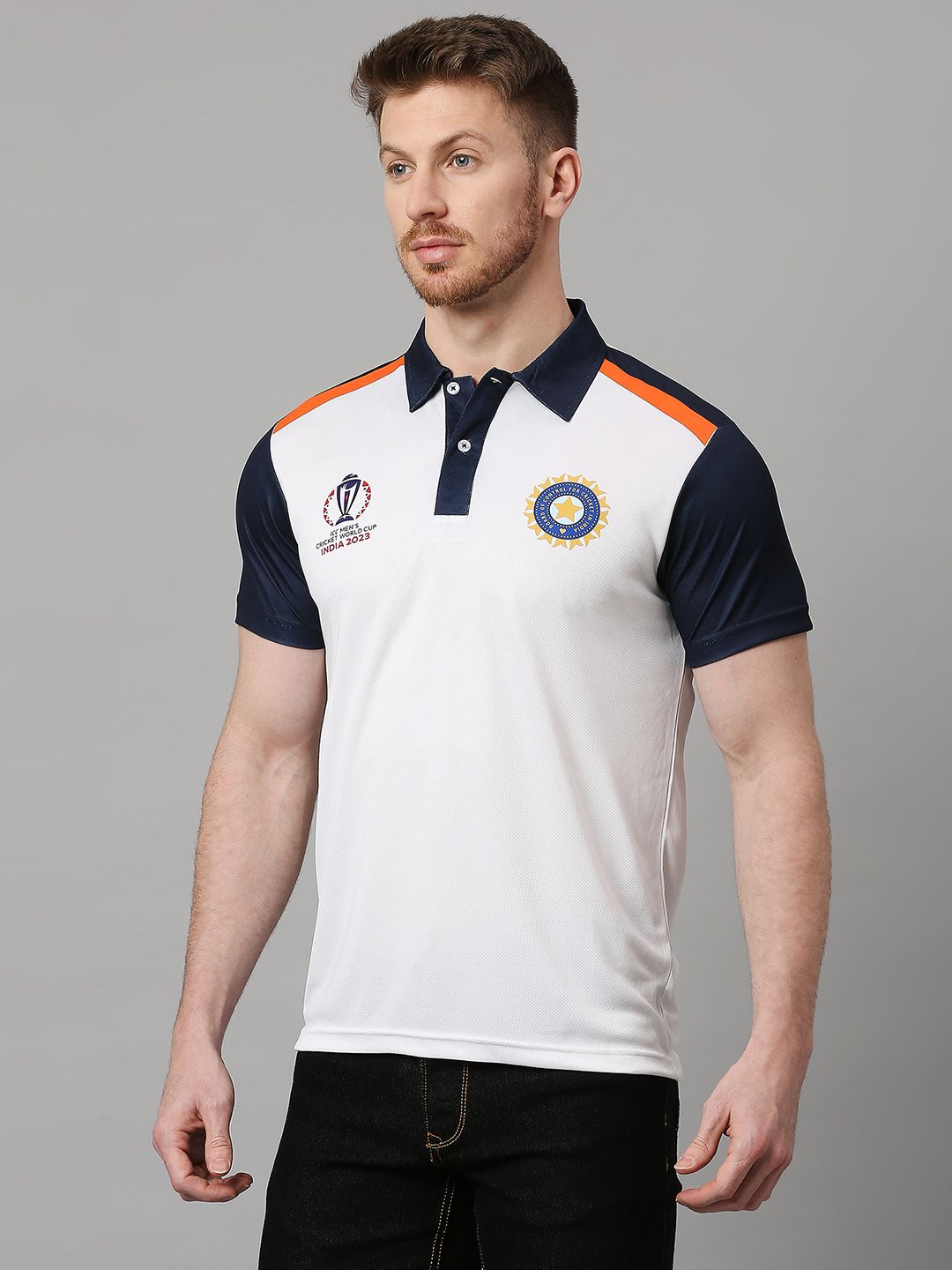 Buy Official ICC CWC-23 Men White and Navy Blue Colourblocked Short ...