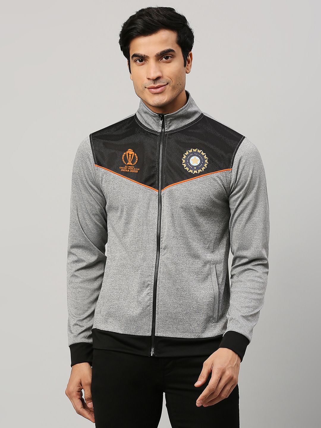 Buy Official ICC CWC-23 Men Grey and Black Colourblocked Long Sleeves ...