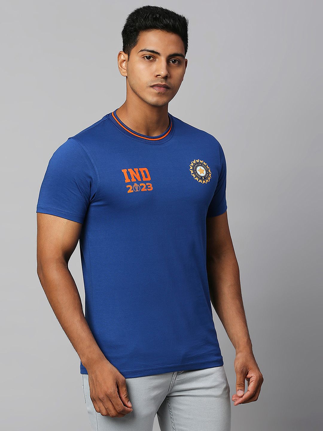 Buy Official ICC CWC-23 Men Blue Solid Short Sleeves Round Neck T-Shirt ...
