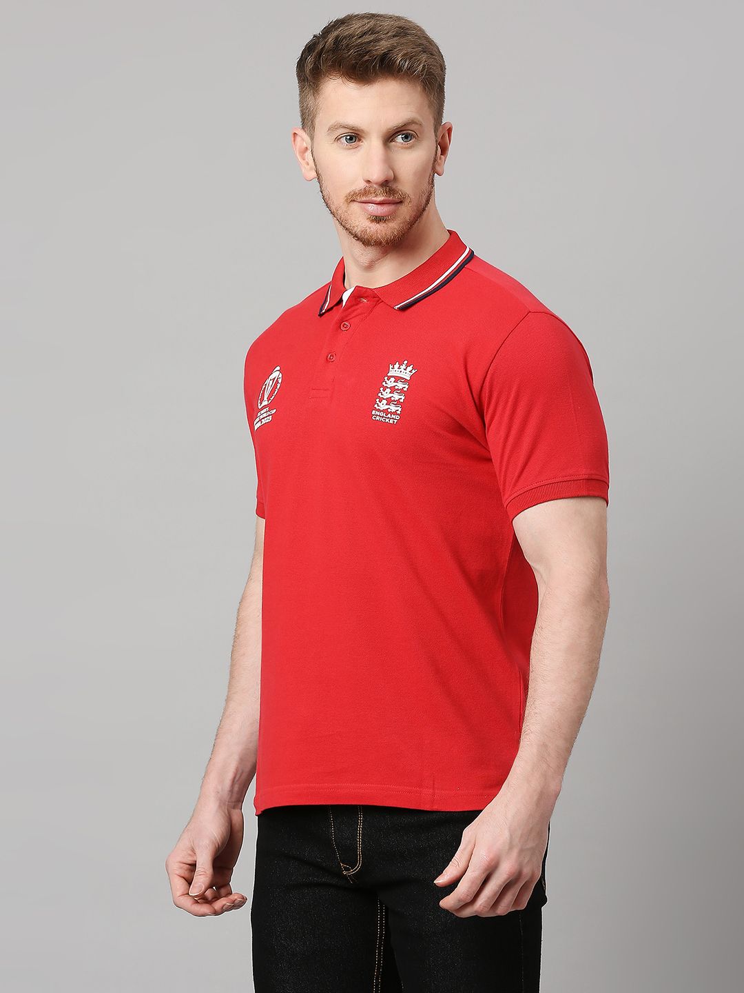 Buy Official ICC CWC23 Men Red Solid Short Sleeves Polo Collar TShirt