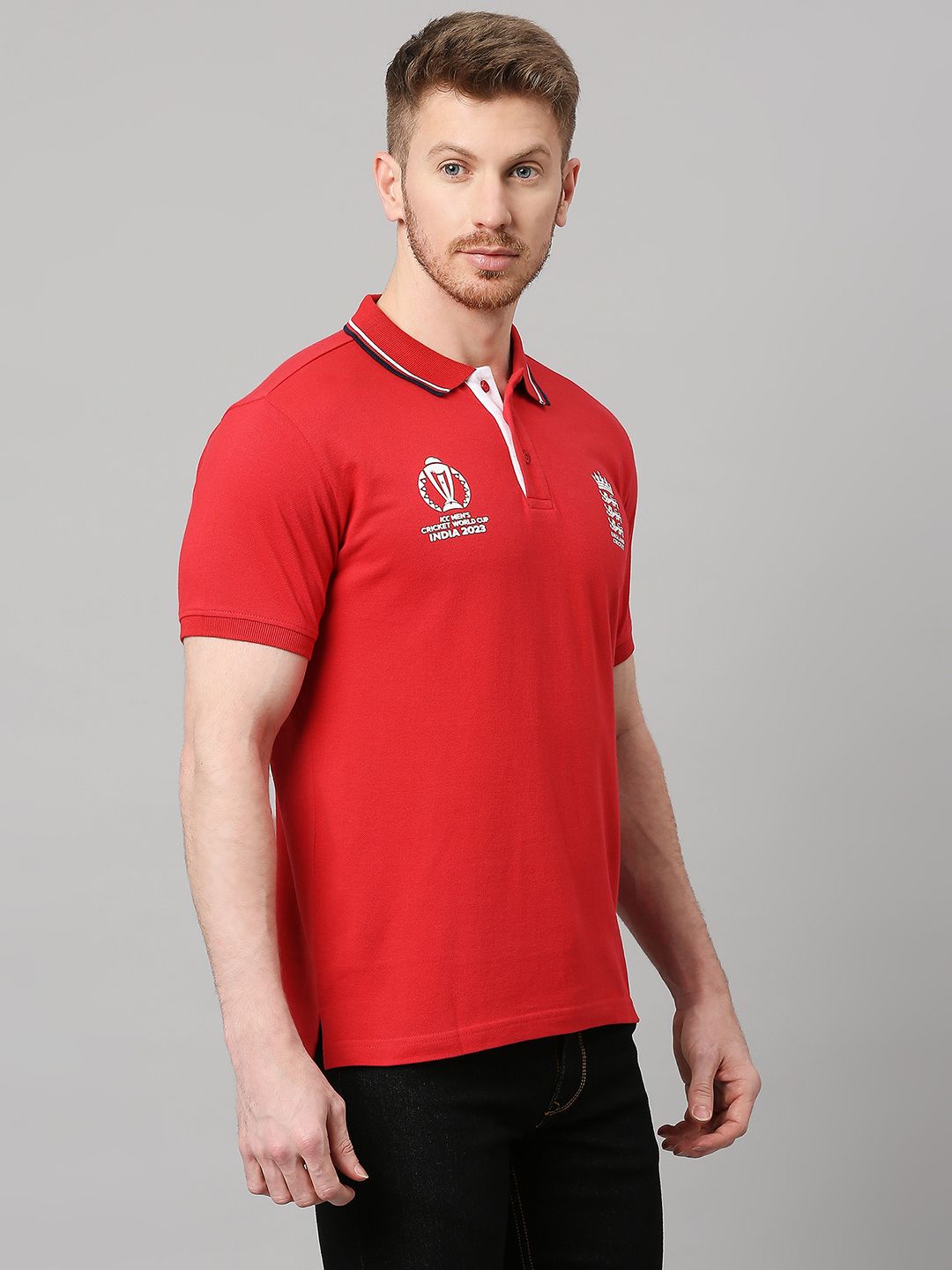Buy Official ICC CWC23 Men Red Solid Short Sleeves Polo Collar TShirt