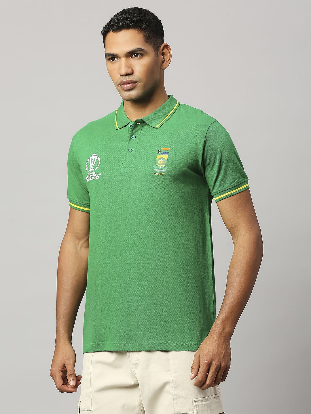 Buy Official ICC CWC-23 Men Green Solid Short Sleeves Polo Collar T ...