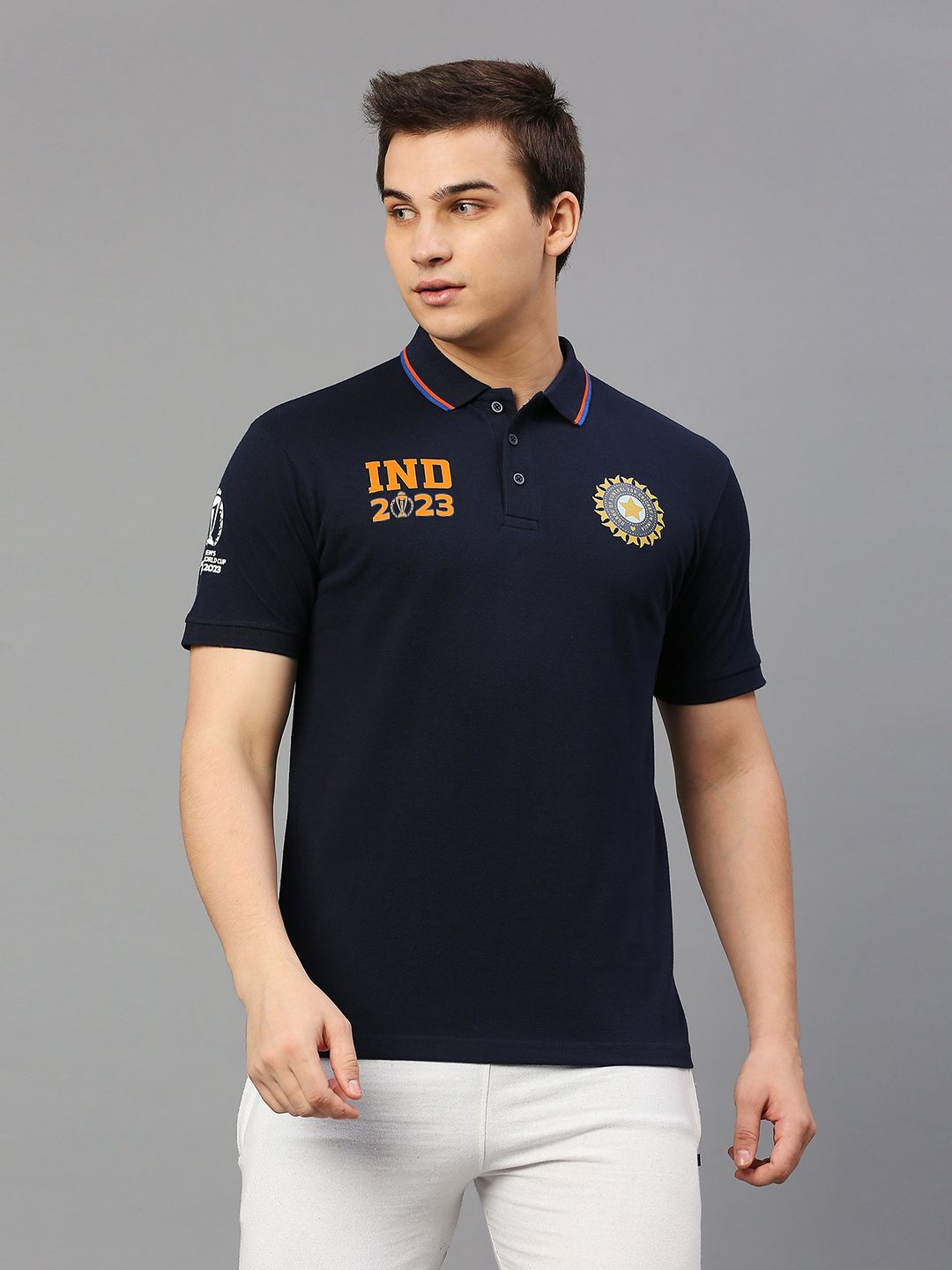 Buy Official ICC CWC-23 Men Navy Blue Solid Short Sleeves Polo Collar T ...