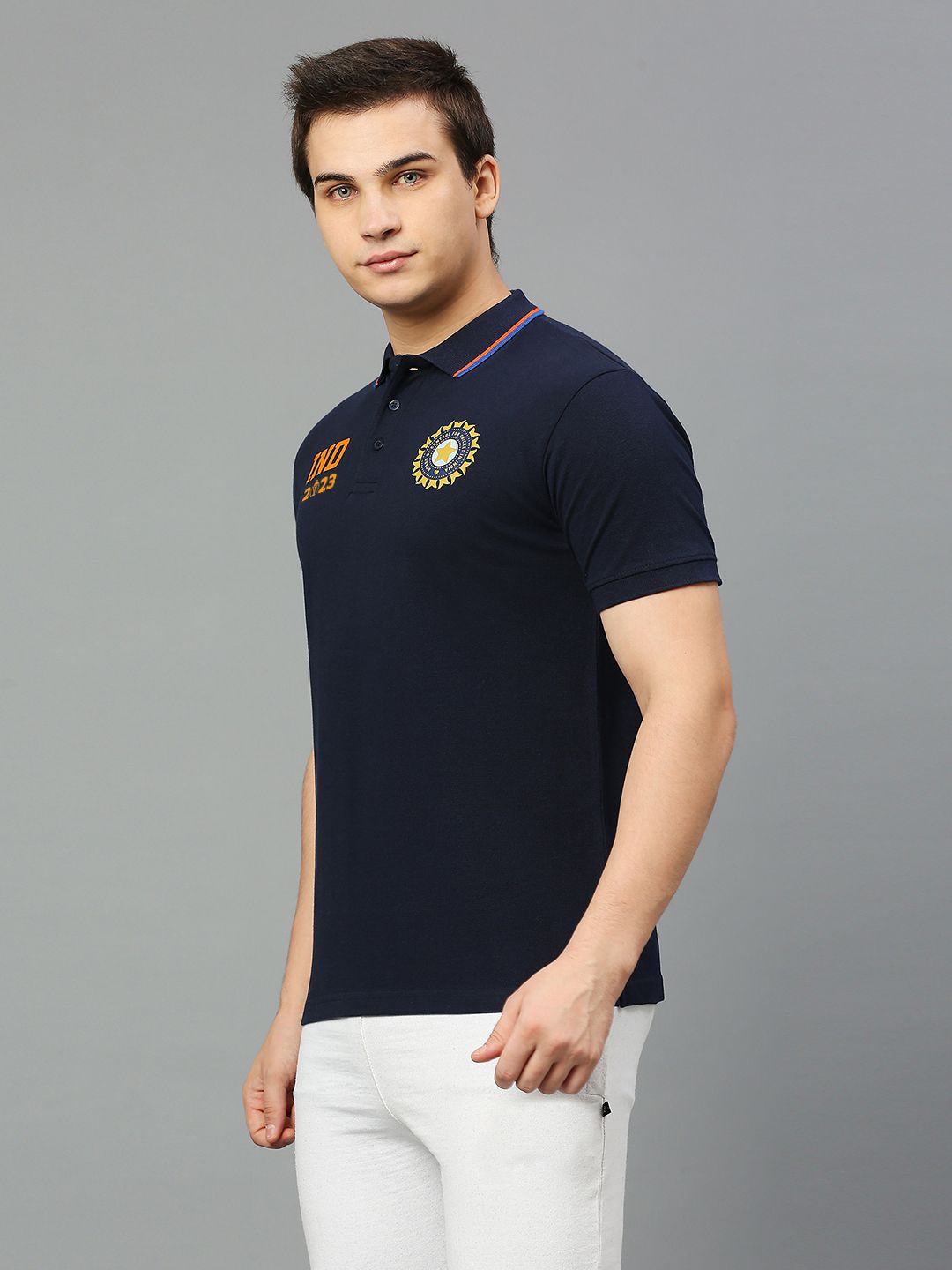 Buy Official ICC CWC-23 Men Navy Blue Solid Short Sleeves Polo Collar T ...