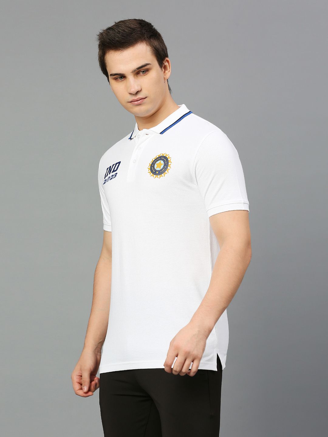 Buy Official ICC CWC-23 Men White Solid Short Sleeves Polo Collar T ...