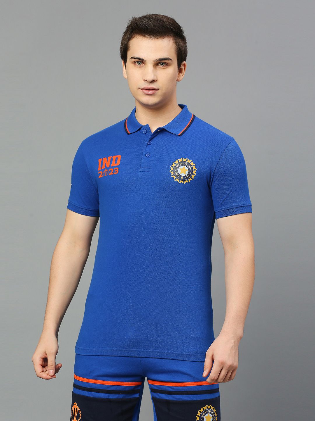 Buy Official ICC CWC-23 Men Blue Solid Short Sleeves Polo Collar T ...