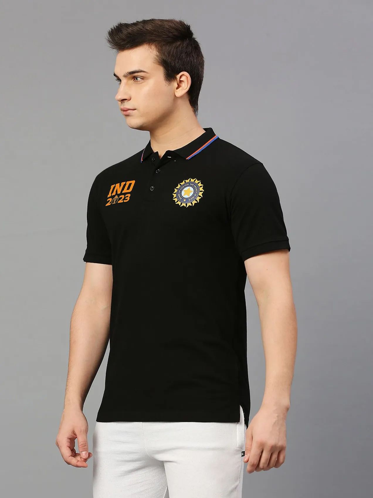 Buy Official ICC CWC-23 Men Black Solid Short Sleeves Polo Collar T ...