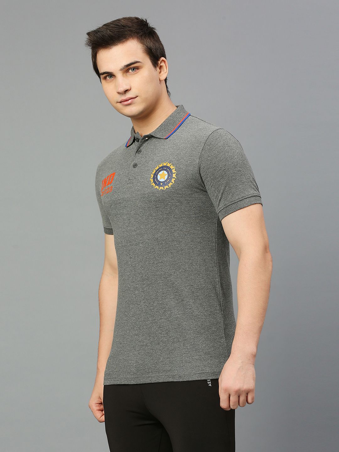 Buy Official ICC CWC-23 Men Anthra Melange Solid Short Sleeves Polo ...